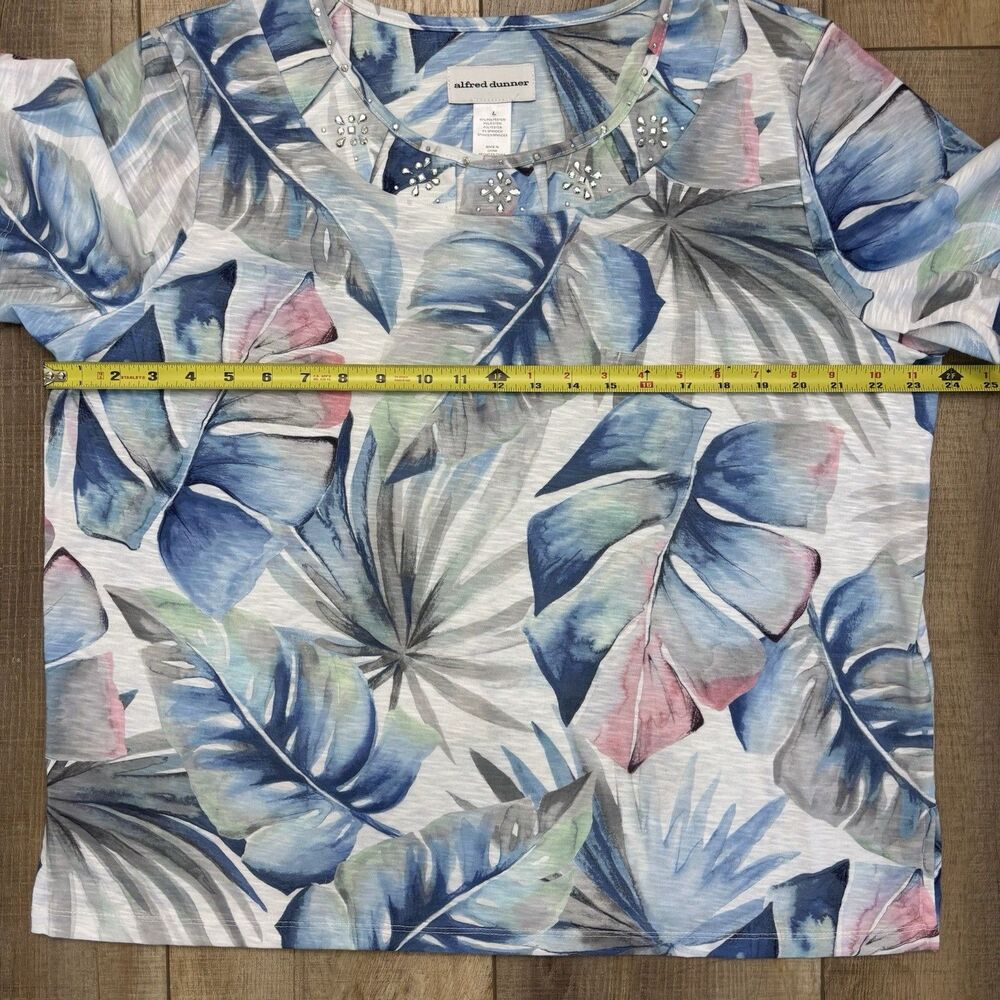 Alfred Dunner Top Womens Large Blue Gray Green Palm Leaves Bedazzled Rhinestones - Picture 13 of 14